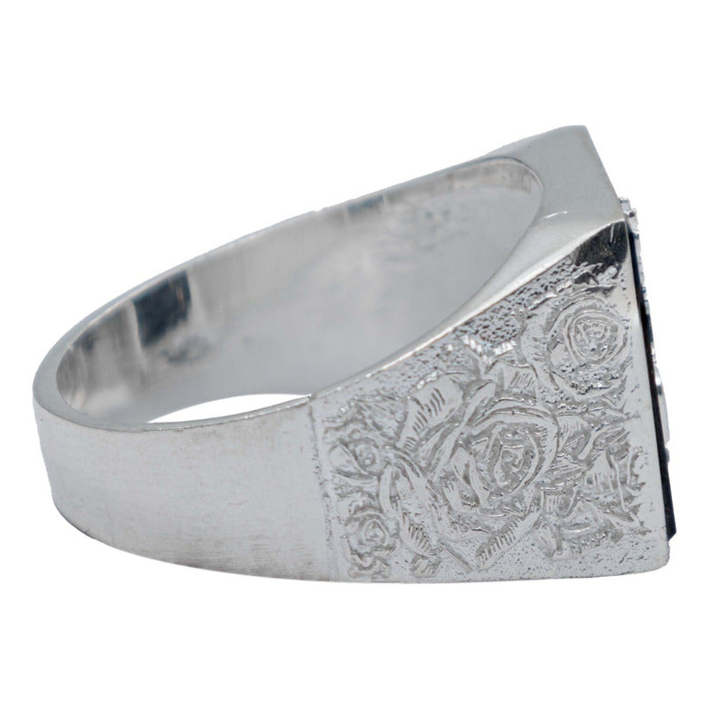 Anillo Diamantado San Judas Piedra Onix Hombre Plata 925