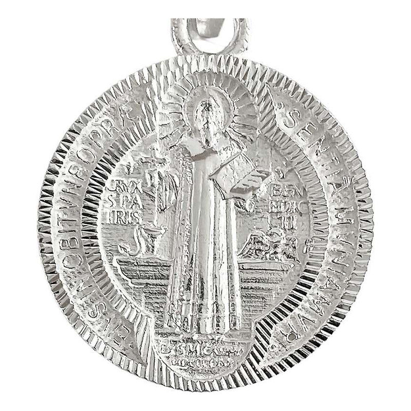 Medalla Doble Vista Diamantada San Benito Plata 925 2.4 Cm Plateado Alto/ancho 3.5 Cm X 2.4 Cm