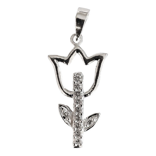 Dije Flor Tulipan Hojas Petalo Con Zirconias Plata Ley 925 52055
