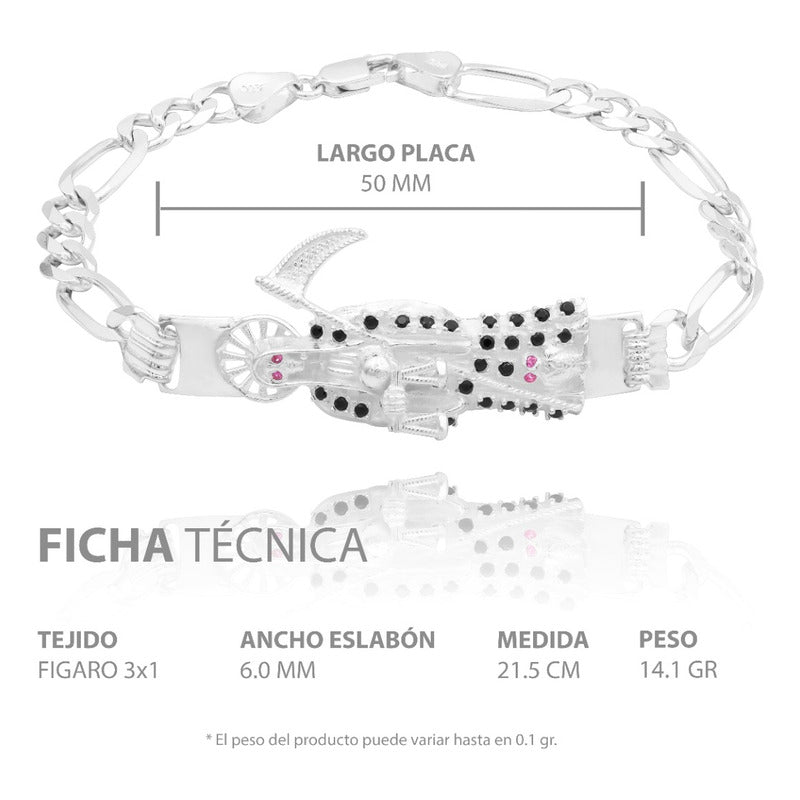 Pulsera Santa Muerte Zirconias Figaro 3x1 Plata 925 6 Mm Negro 6 Cm 21 Cm