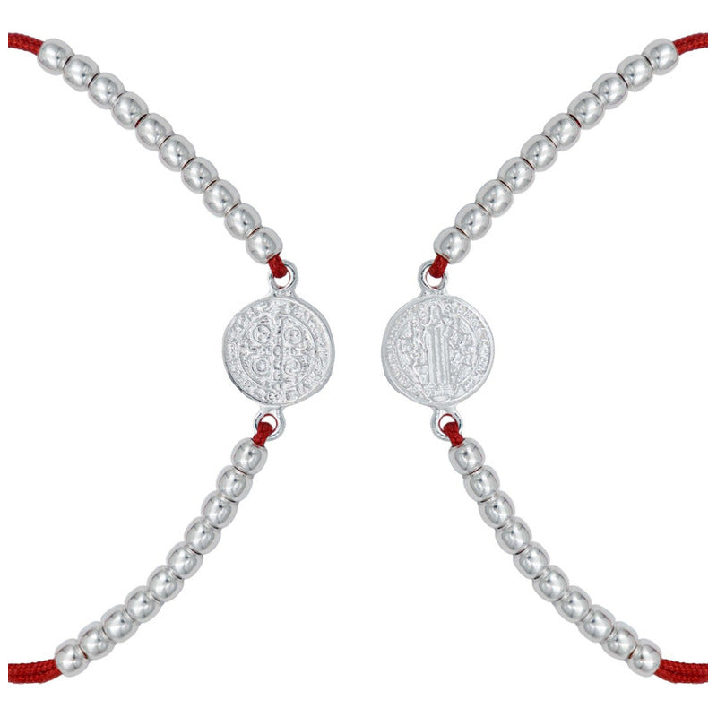 Pulsera Ajustable San Benito Hilo Artesanal Bola Plata 925
