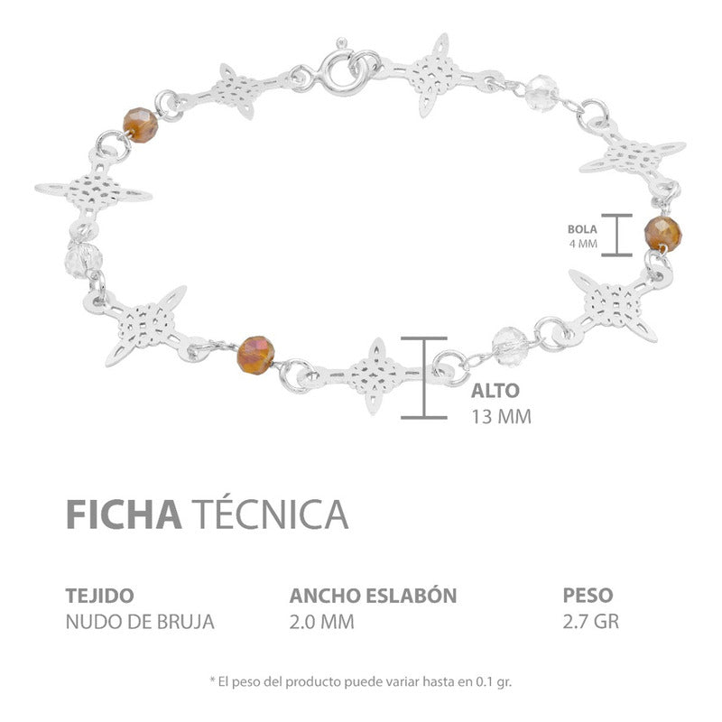 Pulsera Nudo De Bruja Laser Cristales Regalo Mujer Plata 925 Café Blanco 19 Cm