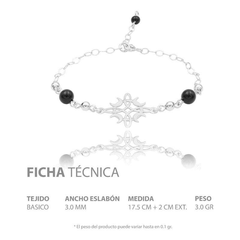 Pulsera Ajustable Nudo De Bruja Fases Lunes Bolas Plata 925 Negro 6 Cm 20 Cm