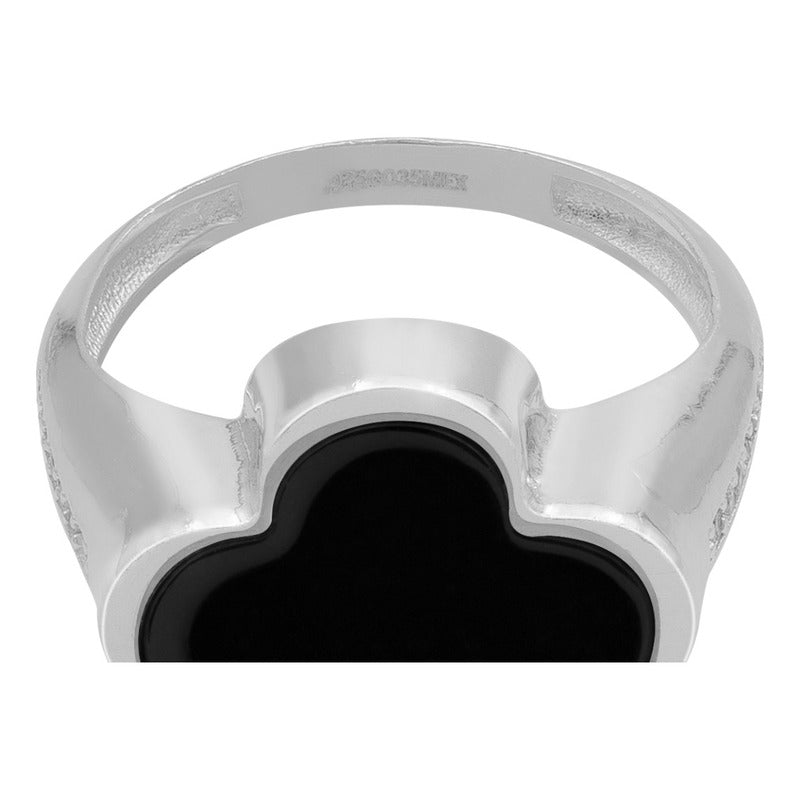 Anillo Grande Hombre Mujer Trebol Esmaltado Resina Plata 925 Negro 7.5