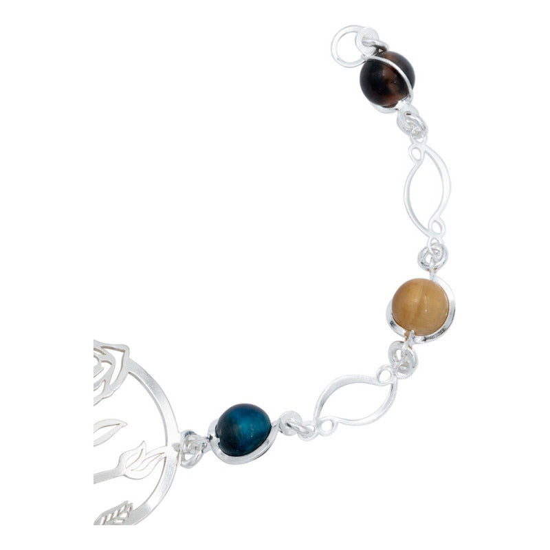 Pulsera Flores Rosa Piedra Natural Cuarzo Mujer Plata 925