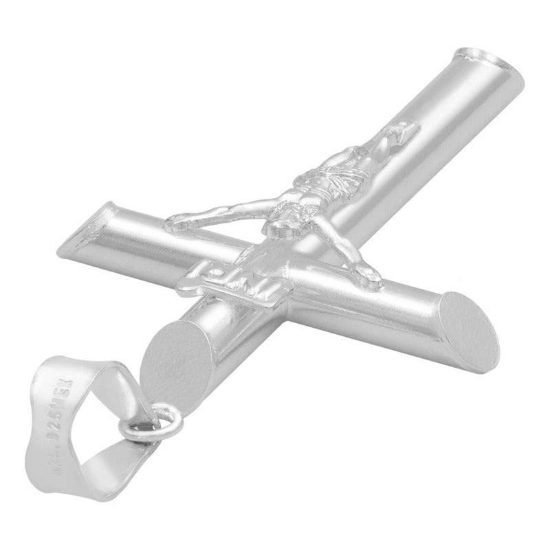 Dije Cruz Tubo Tubular Lisa Cristo Hombre Plata 925 5 Cm Plateado