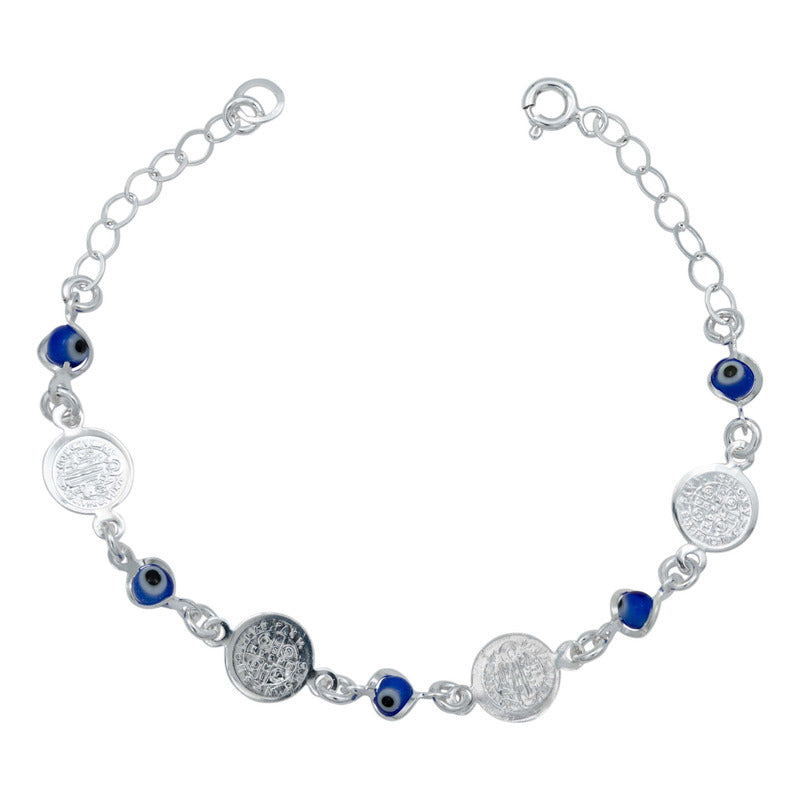 Pulsera Ajustable Con Medallas De San Benito Plata Ley S925