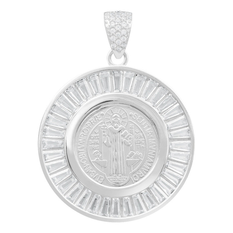 Dije Medalla San Benito Bisel Zirconias Baguette Plata 925 Blanco