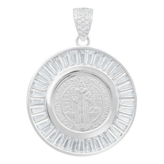 Dije Medalla San Benito Bisel Zirconias Baguette Plata 925 Blanco