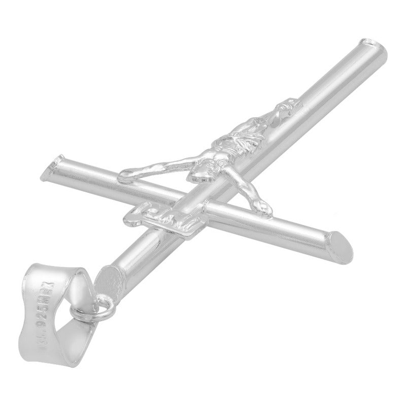 Dije Cruz Tubo Tubular Lisa Cristo Hombre Plata 925 5.2 Cm Plateado