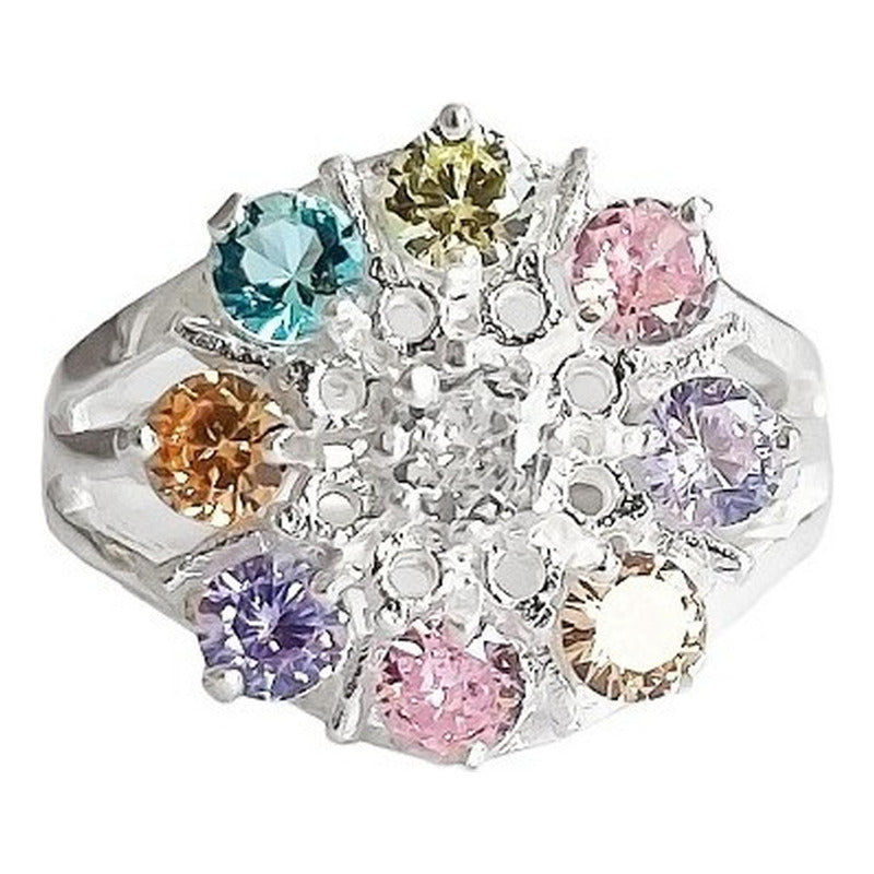 Anillo Flor 8 Pétalos Con Zirconias De Colores De Plata .925