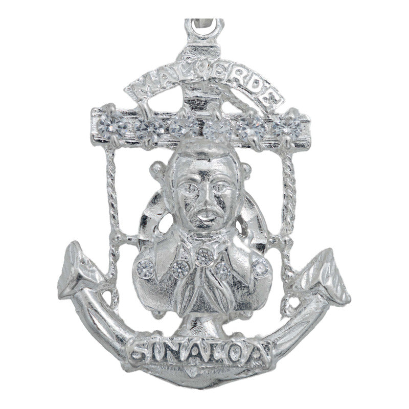 Dije Grande Jesús Malverde Ancla Zirconias Plata Solida 925