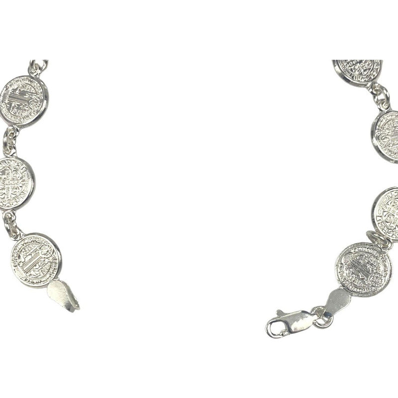 Pulsera San Benito Pequeña Medalla Plata Pura Solida Ley 925