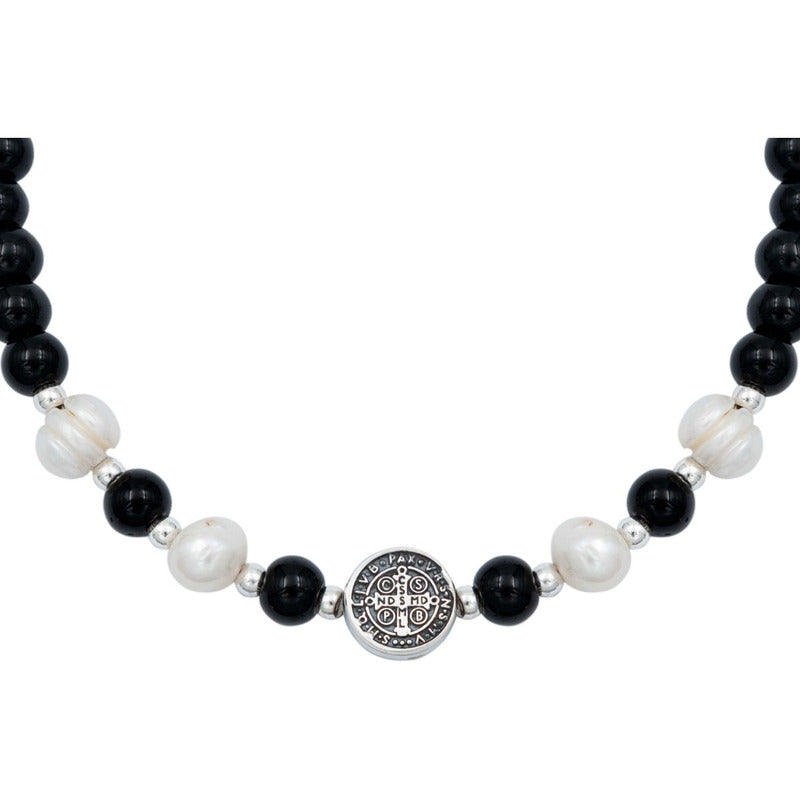 Pulsera Ajustable San Benito Bolitas Medalla Plata 925 Negro 6 Cm 20 Cm
