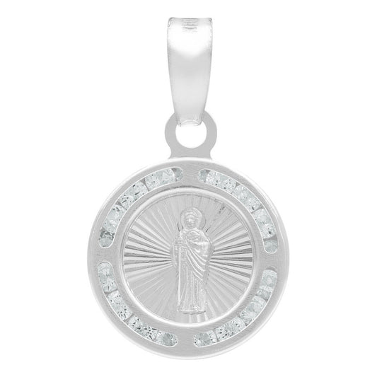Dije Mini Medalla Bautizo San Judas Zircon Plata 925 1.2 Cm Blanco