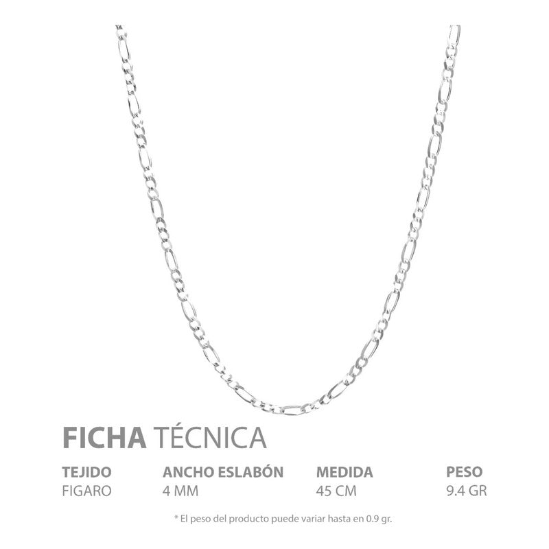 Cadena Figaro 3x1 Diamantada Unisex Plata 925 45 Cm X 4 Mm Plateado
