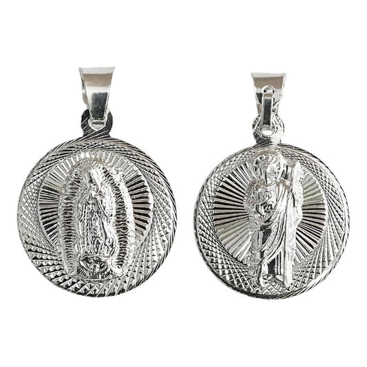 Medalla Doble Cara San Judas Virgen Guadalupe Plata Ley 925 Plateado Alto / Ancho 2.5 Cm X 1.7 Cm