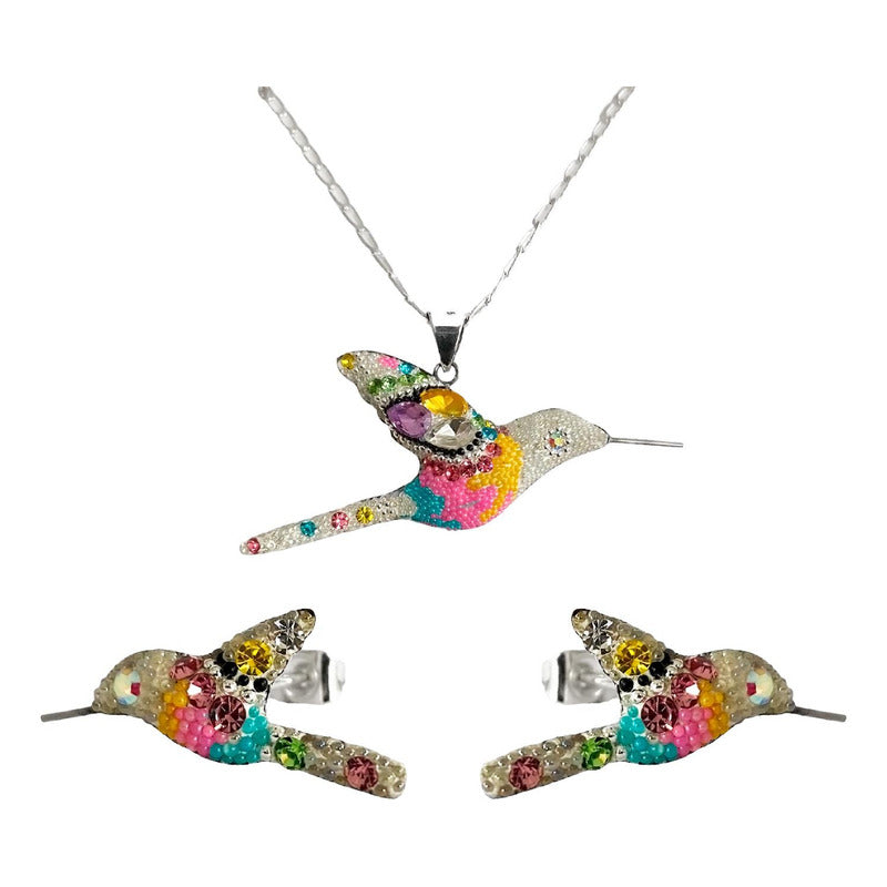 Collar Aretes Colibrí Artesanal Zirconias Plata Ley 925