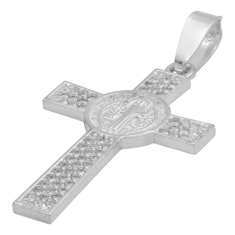 Dije Cruz De San Benito Doble Vista Con Zirconias En Plata 925 | Medalla Religiosa Detallada Y Pulida | 3.9 Cm | Ideal Para Uso Diario, Ceremonias Y Regalos