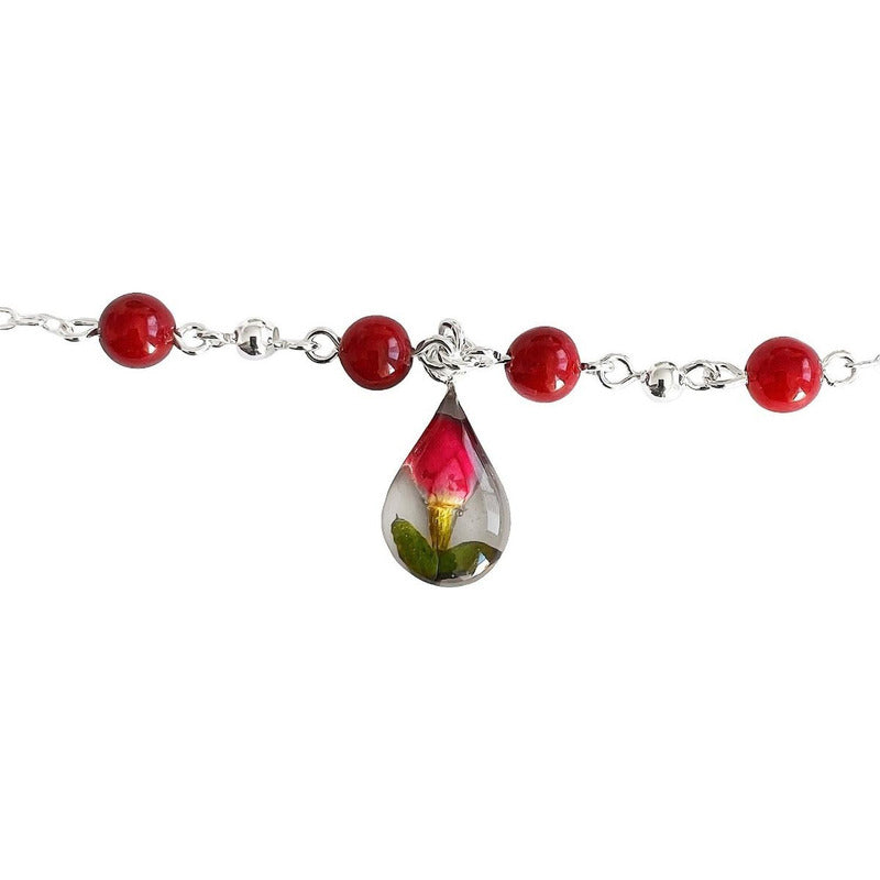 Tobillera Ajustable Flores Encapsuladas Cuarzos Plata 925