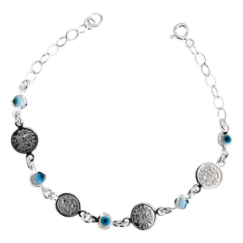 Pulsera Ajustable Con Medallas De San Benito Plata Ley S925