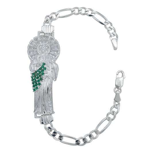 Pulsera San Judas Corona Grande Zirconias Hombre Plata 925 Verde 6 Cm 19 Cm