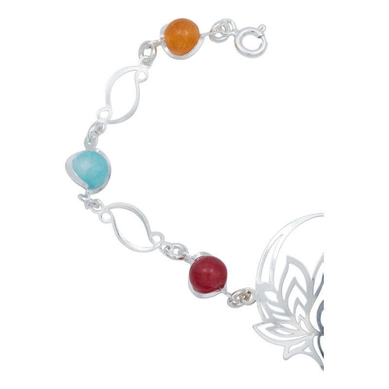 Pulsera Flor De Loto Piedra Natural Cuarzo Mujer Plata 925