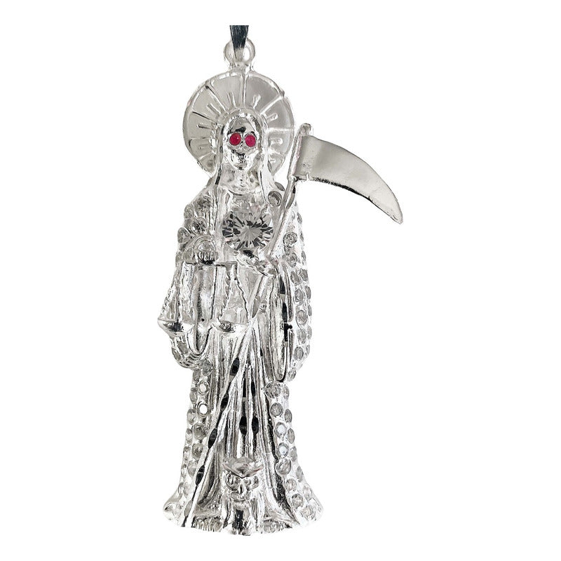 Dije Medalla Gigante Santa Muerte Con Zirconias En Plata 925