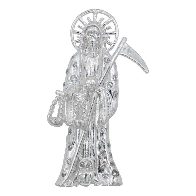 Dije Santa Muerte Guadaña Asa Lisa Zirconia Plata 925 5.8 Cm
