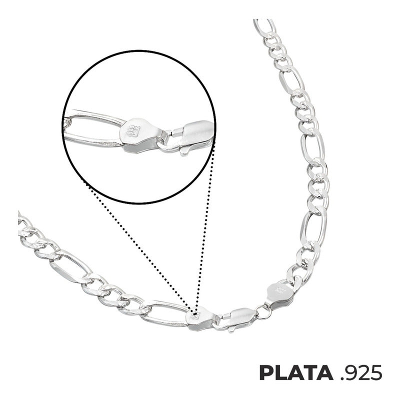 Cadena Figaro 3x1 Diamantada Hombre Plata 925 65 Cm X 7 Mm Plateado