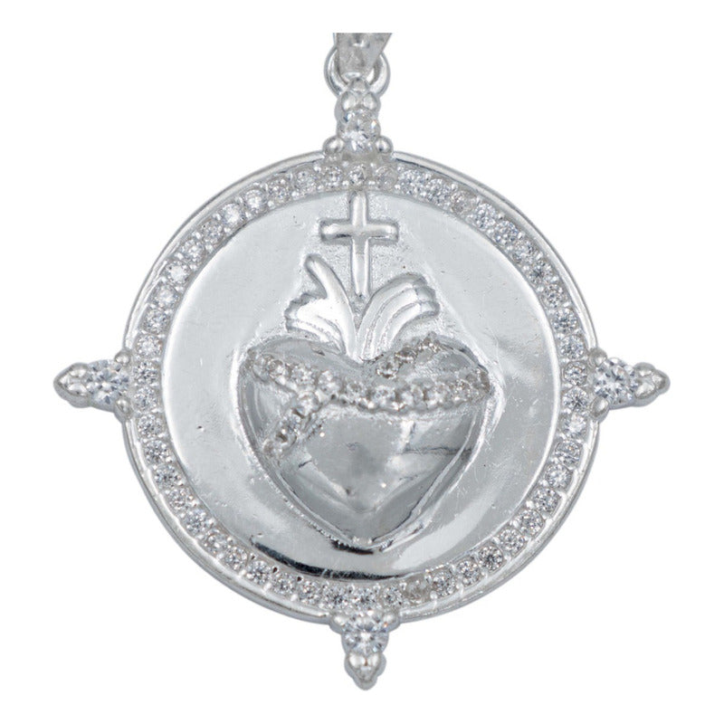 Dije Medalla Sagrado Corazón Liso Zirconias Plata 925