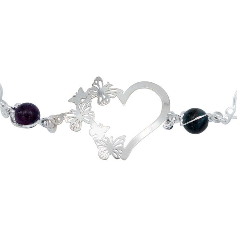 Pulsera Corazón Mariposas Piedra Natural Cuarzo Plata 925
