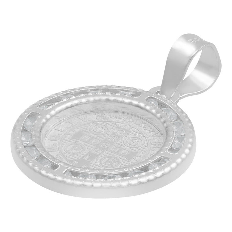 Dije Medalla Cruz San Benito Zirconias Plata 925 1.6 Cm Blanco