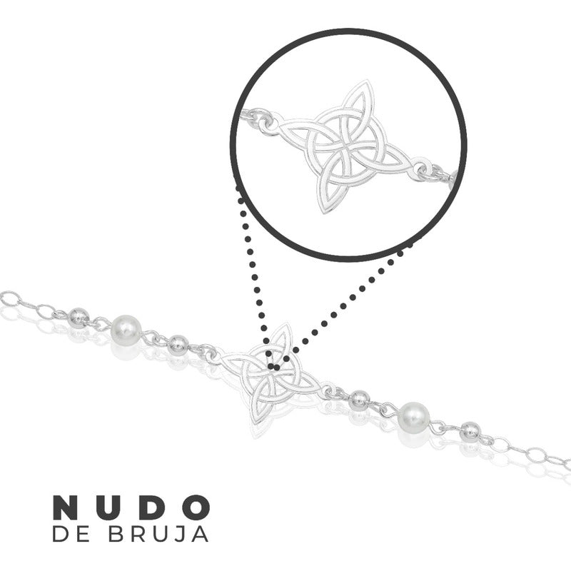 Pulsera Ajustable Mujer Nudo De Bruja Laser Bolas Plata 925 Blanco 6 Cm 20 Cm