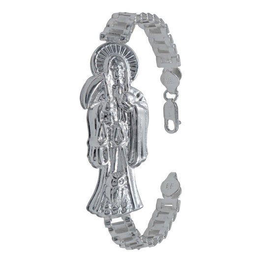 Pulsera Rolo Gruesa Santa Muerte Grande Troquelada Plata 925