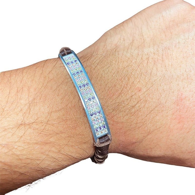 Pulsera Ajustable Unisex De Cuero Con Zirconias En Plata 925
