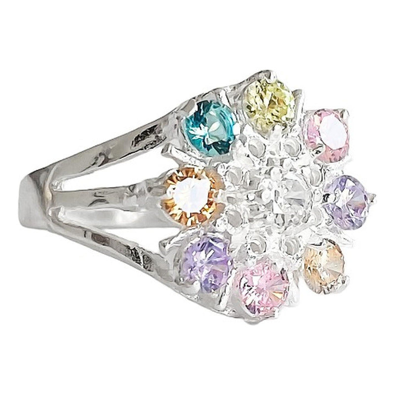 Anillo Flor 8 Pétalos Con Zirconias De Colores De Plata .925