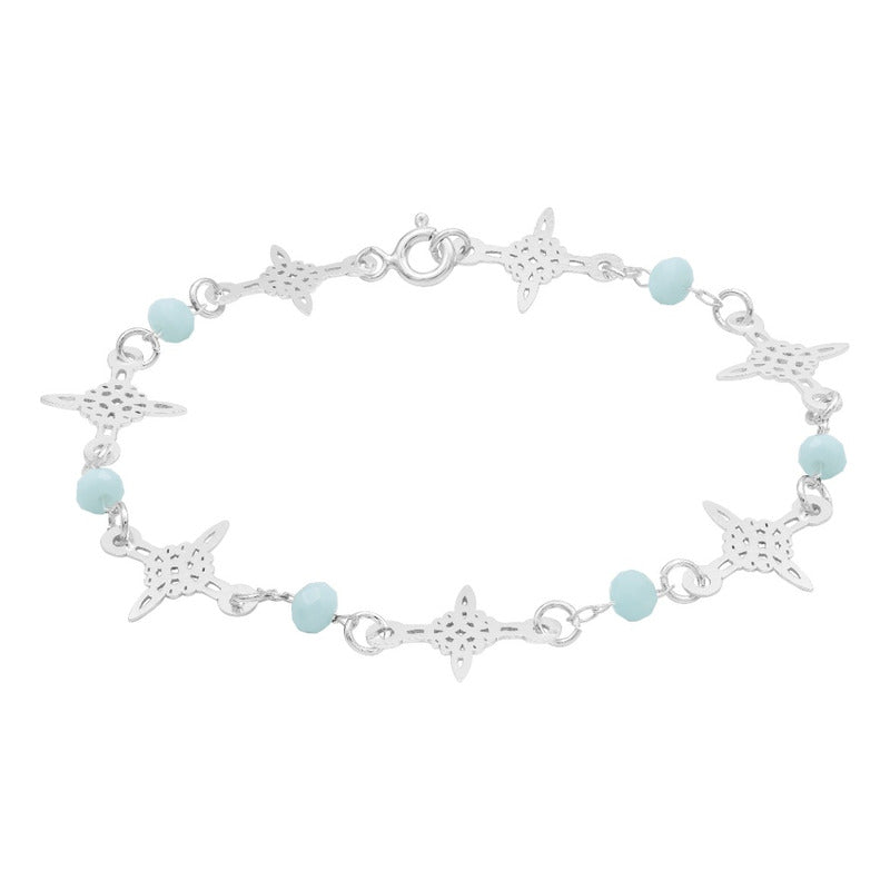 Pulsera Nudo De Bruja Laser Cristales Regalo Mujer Plata 925 Celeste 19 Cm