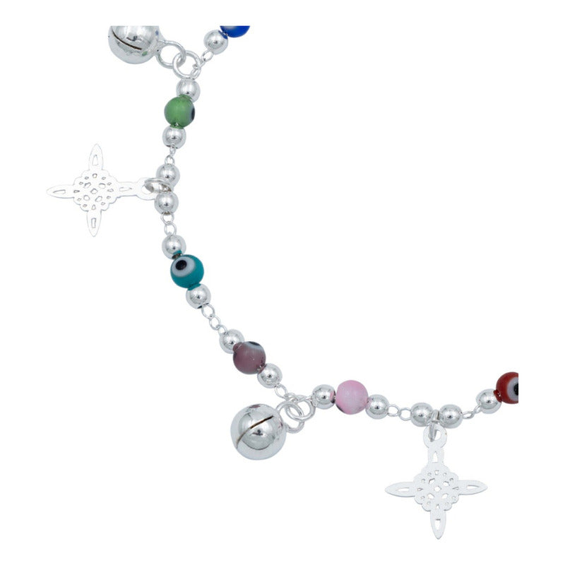 Pulsera Nudo De Bruja Ojo Turco Cascabeles Sonido Plata 925