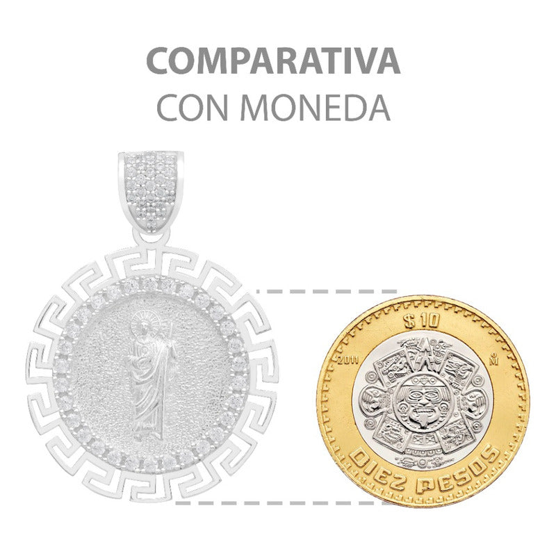 Dije Medalla San Judas Grecas Zirconias Plata 925 3.4 Cm Blanco