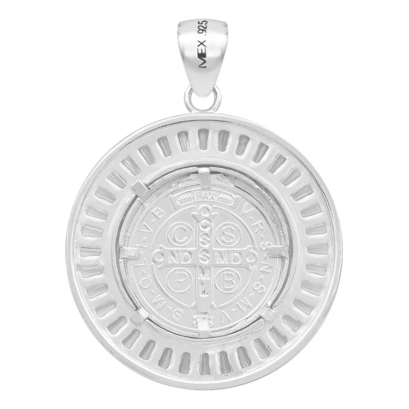 Dije Medalla San Benito Bisel Zirconias Baguette Plata 925 Blanco