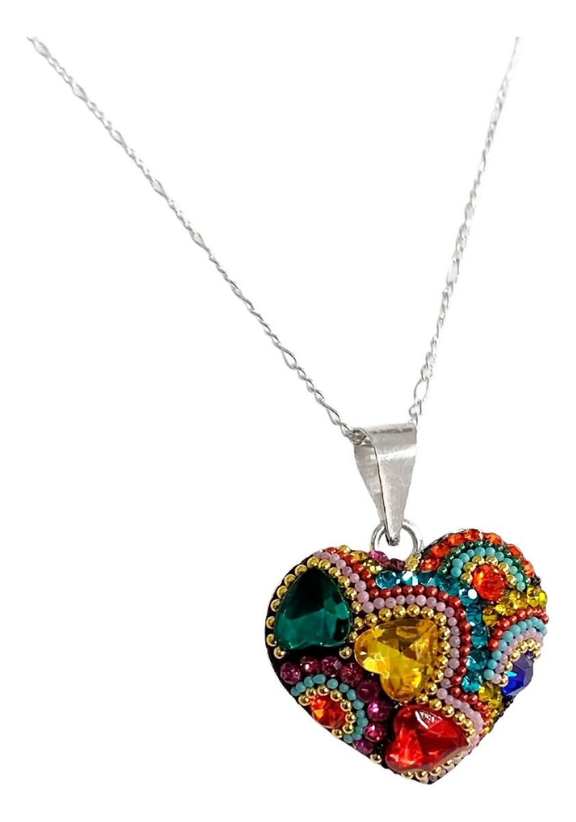 Collar Aretes Corazón Artesanal Chico Piedras Plata Ley 925