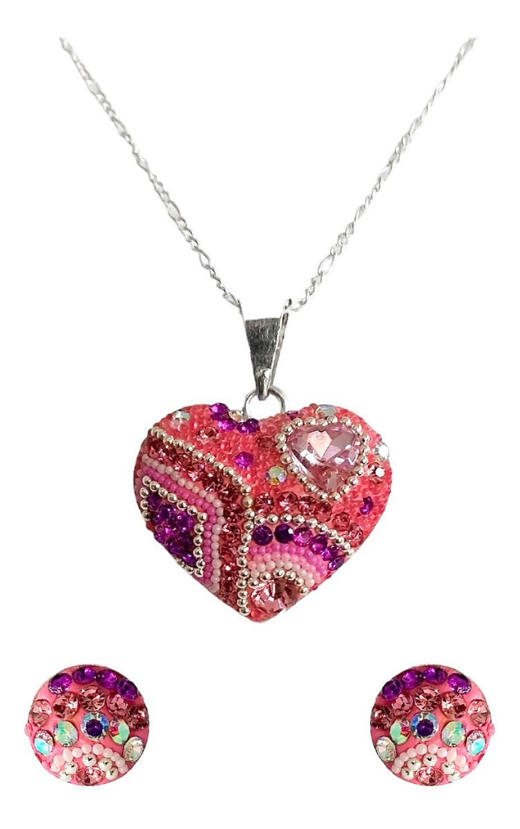 Collar Aretes Corazón Artesanal Chico Piedras Plata Ley 925