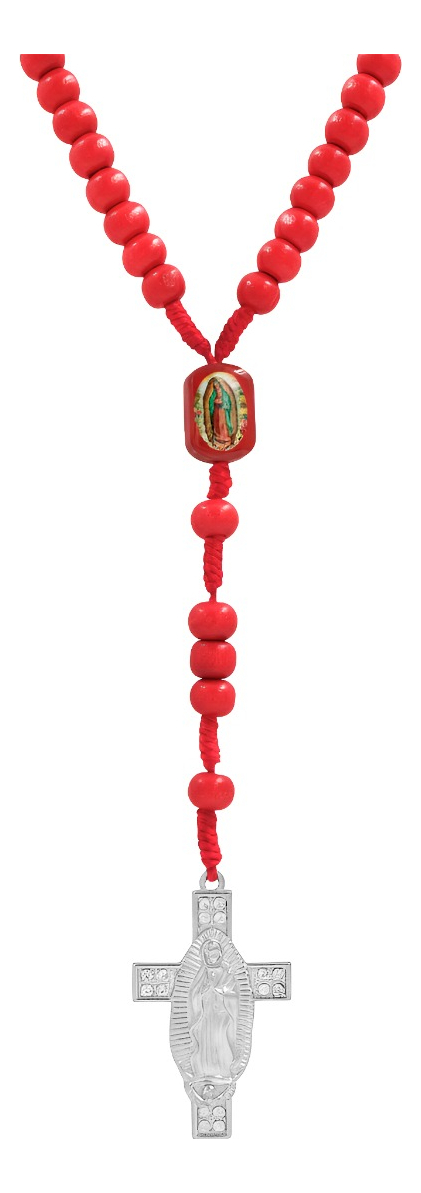 Rosario De Madera Con Cruz De La Virgen De Guadalupe Metal Rojo