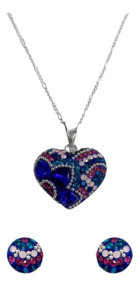 Collar Aretes Corazón Artesanal Chico Piedras Plata Ley 925