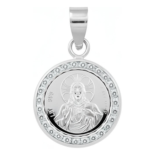Dije Sagrado Corazón Jesús De Plata Pura 999 Zirconia 3.2 Cm Plateado