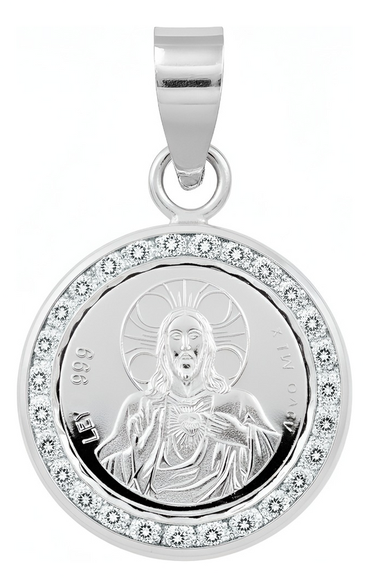 Dije Sagrado Corazón Jesús De Plata Pura 999 Zirconia 3.2 Cm Plateado