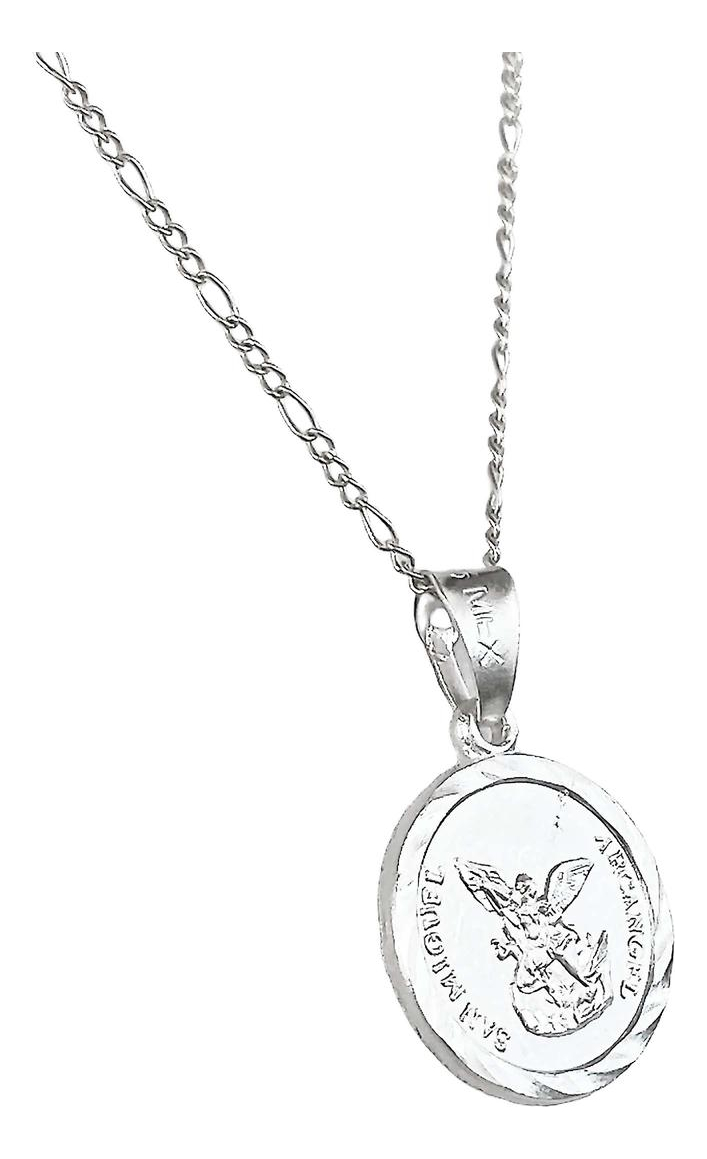 Collar San Miguel Arcangel Diamantado Mediano Plata Ley 925