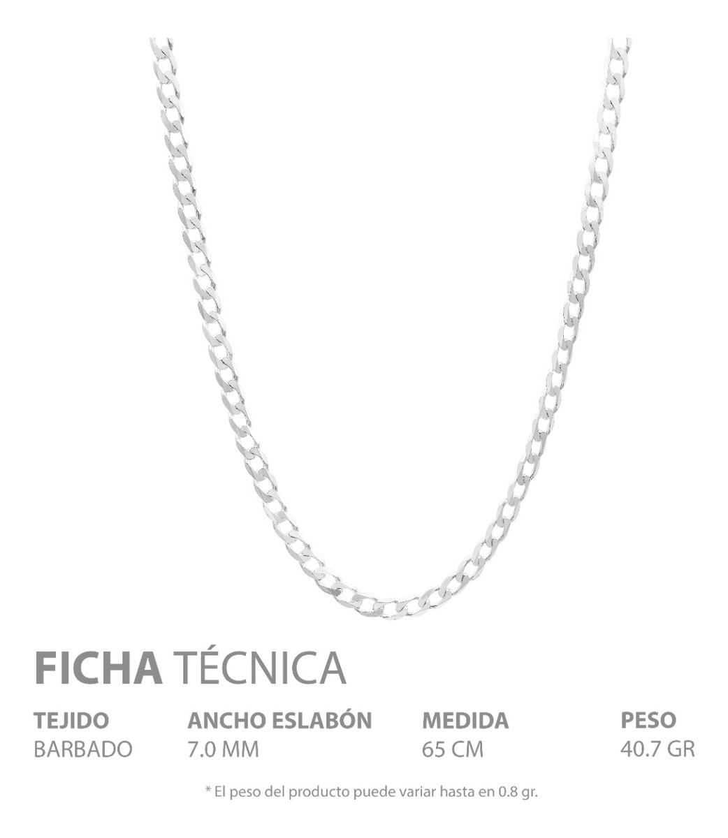 Cadena Cubana Barbada Gruesa Hombre Plata 925 7 Mm 65 Cm - Plateado