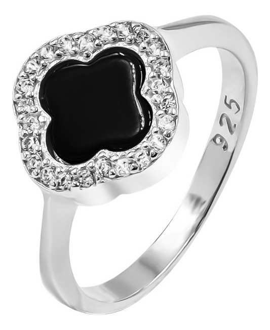 Anillo Trébol Esmaltado Con Orilla De Zirconia En Plata 925 Negro 6.5